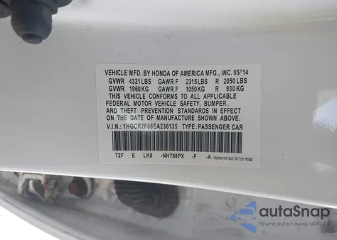 2014 Honda Accord Ex-L from USA, damaged, VIN 1HGCR2F88EA236135